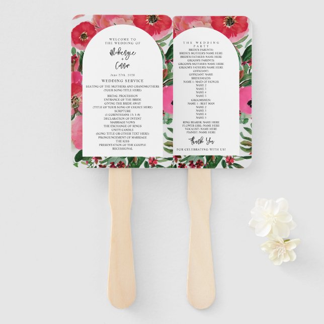 Watercolor Anemone Arch Wedding Program Hand Fan (Front and Back)