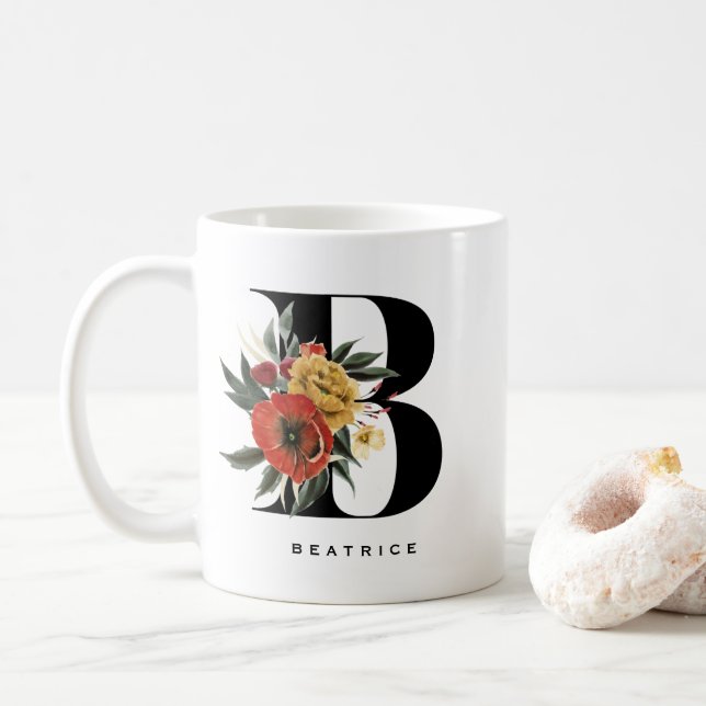 Watercolor Anemone Botanicals Letter B Monogram Coffee Mug (With Donut)