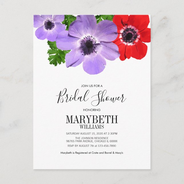 Watercolor Anemone Floral Bridal Shower Card (Front)