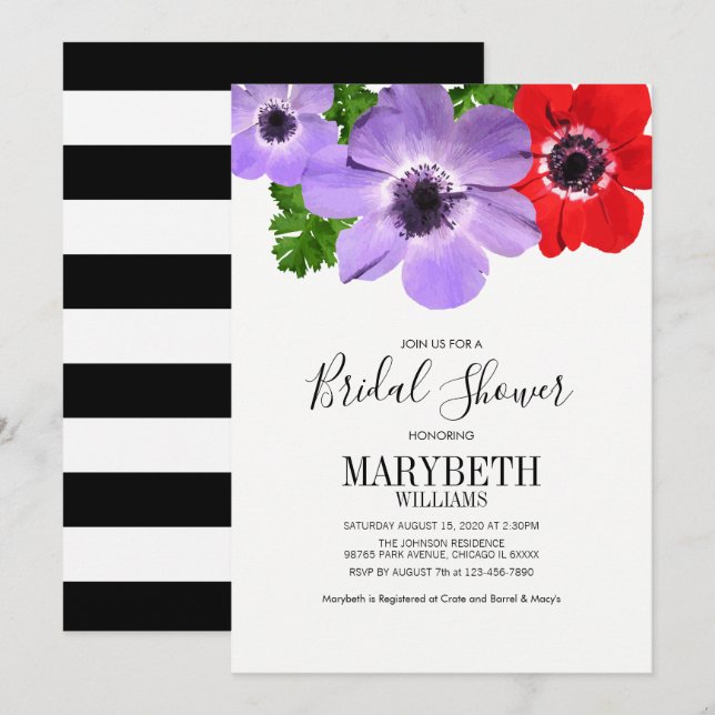Watercolor Anemone Floral Bridal Shower Card (Front/Back)