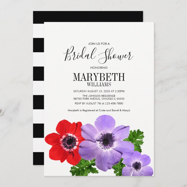 Watercolor Anemone Floral Bridal Shower Card (Front/Back)