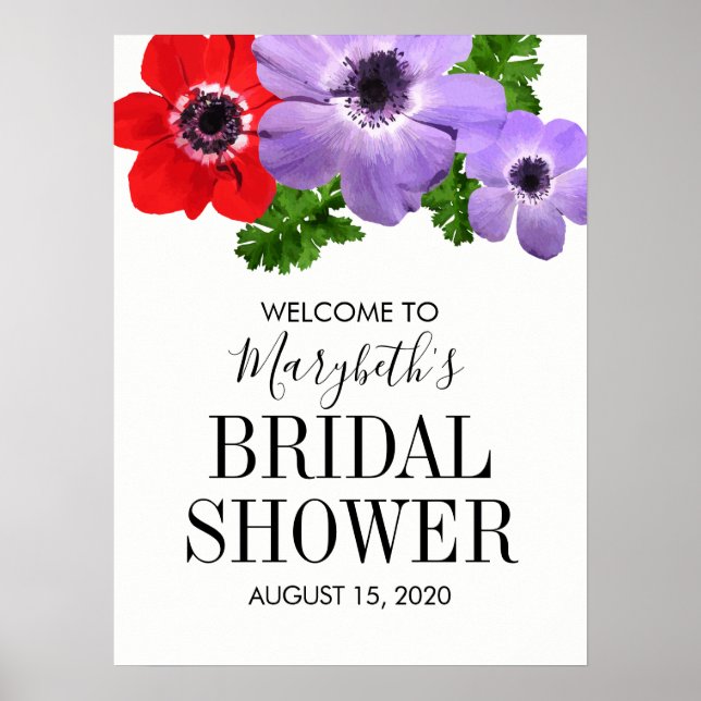 Watercolor Anemone Floral Bridal Shower Sign (Front)