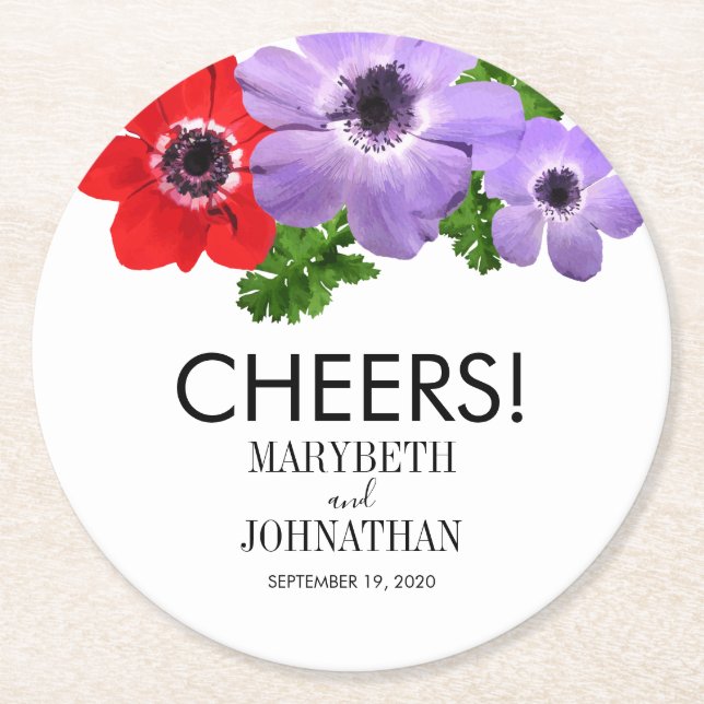Watercolor Anemone Floral Wedding Coaster (Front)