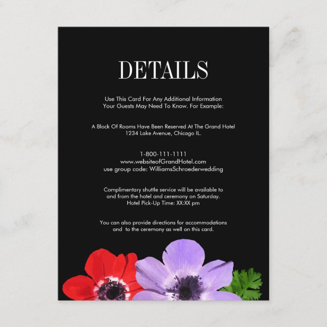 Watercolor Anemone Floral Wedding Details Card (Front)