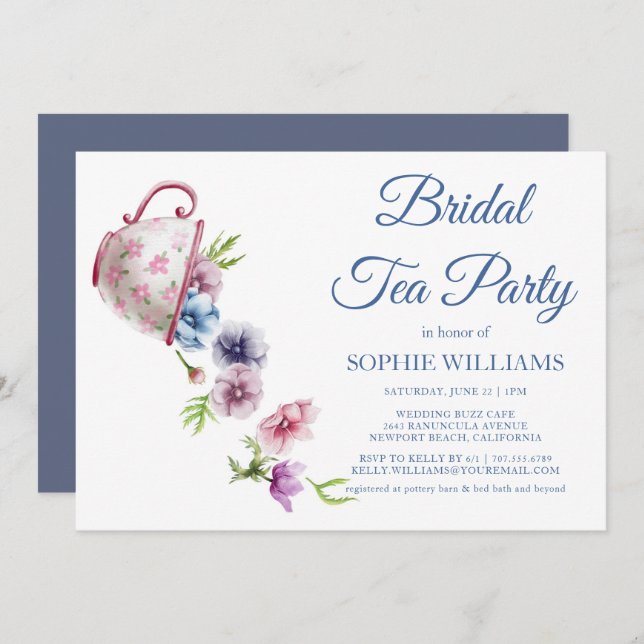 Watercolor Anemone Flower Wedding Bridal Tea Party Invitation (Front/Back)