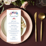 Watercolor Anemone Flower Wedding Menu Card<br><div class="desc">This Wedding Menu Card features an elegant blue script on a white background with the bridal couple's names surrounded by gorgeous Anemone flowers in pink, lavender, blue, purple and violet with green leaves. The text can be personalised by editing the text boxes. The colour on the reverse side of the...</div>