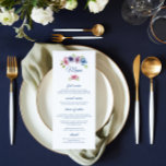 Watercolor Anemone Flower Wedding Menu Card<br><div class="desc">This Wedding Menu Card features an elegant blue script on a white background with text "menu" surrounded by gorgeous Anemone flowers in pink, lavender, blue, purple and violet with green leaves. The text can be personalised by editing the text boxes. The colour on the reverse side of the menu can...</div>