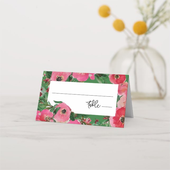 Watercolor Anemone Green Wedding Place Card (Front)