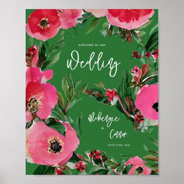 Watercolor Anemone Green Wedding Welcome Poster (Front)