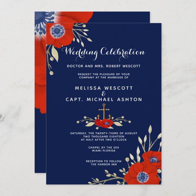 Watercolor Anemone Nautical 🌸⚓Formal Wedding Invitation (Front/Back)