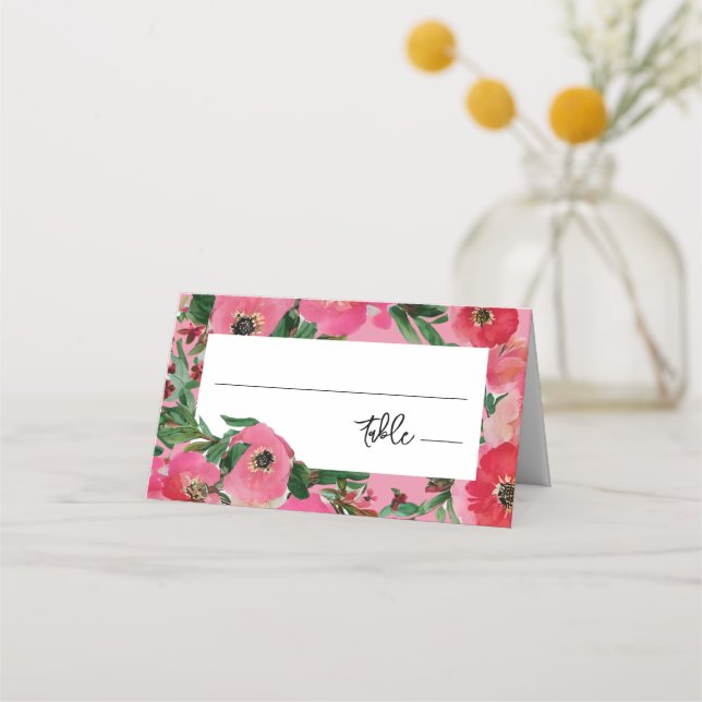 Watercolor Anemone Pink Wedding Place Card (Front)