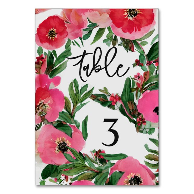 Watercolor Anemone Wedding Table Number (Front)