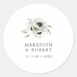 Watercolor Anemones Black & White Winter Wedding Classic Round Sticker