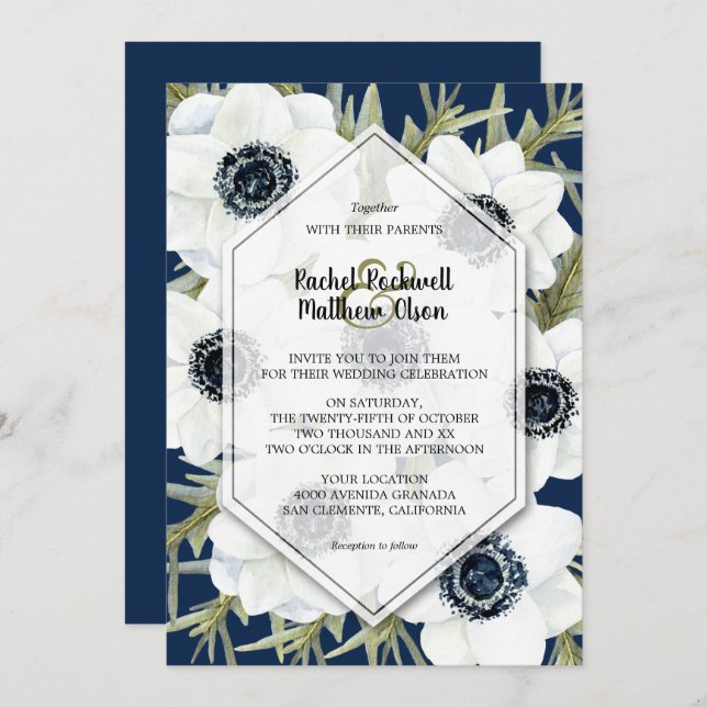 Watercolor Anemones Botanical Navy Blue Wedding Invitation (Front/Back)