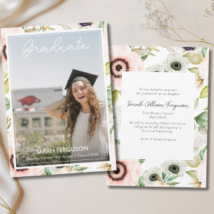 Watercolor Anemones Floral Photo Graduation Announcement