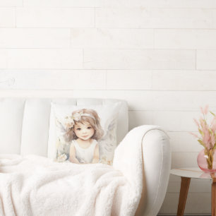 Watercolor Angel Girl With Flowers Cushion