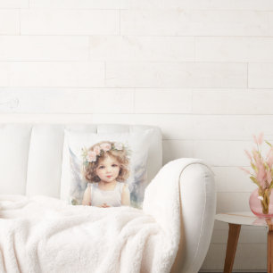 Watercolor Angel Girl With Flowers Cushion