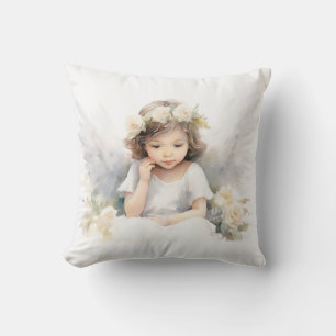 Watercolor Angel Girl With Flowers Cushion