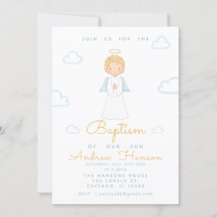 Watercolor Angel Religious Baptism  Blue Invitation
