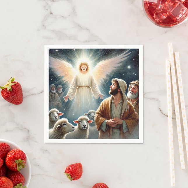 Watercolor Angel & Shepherds Nativity Decoupage Napkin (Insitu)