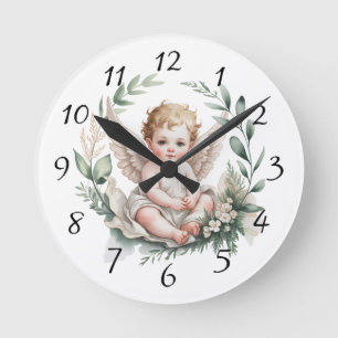 Watercolor Angel Wings Baptism Green Round Clock