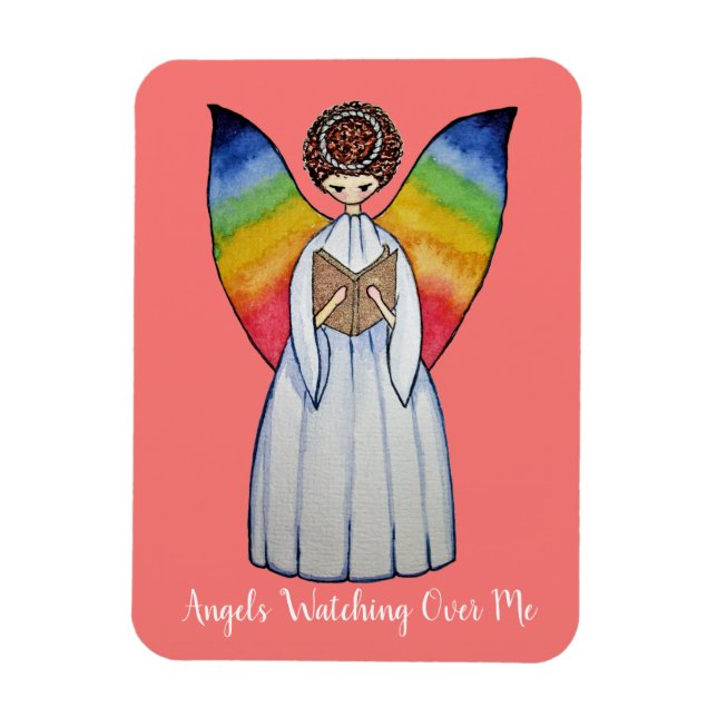 Watercolor Angel With Rainbow Wings Reading A Book Magnet (Vertical)