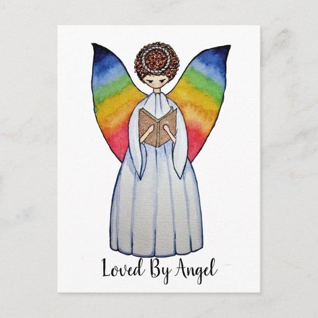 Watercolor Angel With Rainbow Wings Reading A Book Postcard (Front)