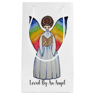 Watercolor Angel With Rainbow Wings Reading A Book Small Gift Bag