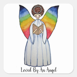 Watercolor Angel With Rainbow Wings Reading A Book Square Sticker