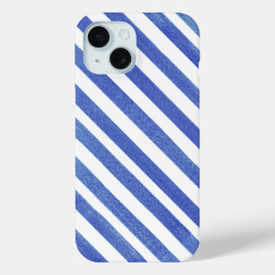 Watercolor Angled Blue and White Stripes iPhone 15 Case