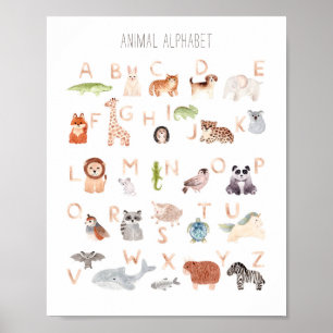 Watercolor animal abc kids alphabet. Nursery room Poster