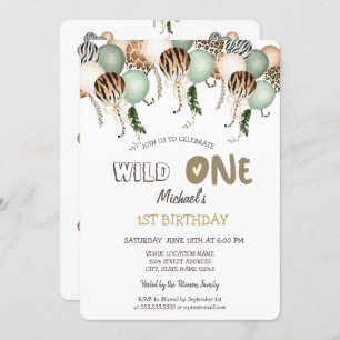 Watercolor Animal Print Balloons 1st Birthday Invitation