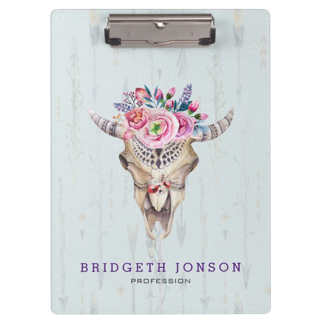 Watercolor Animal Skull With Buds And Flowers Clipboard (Front)