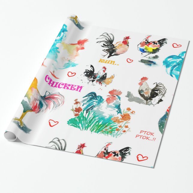 Watercolor Animals - Chickens, Exotic, Rooster Wrapping Paper (Unrolled)