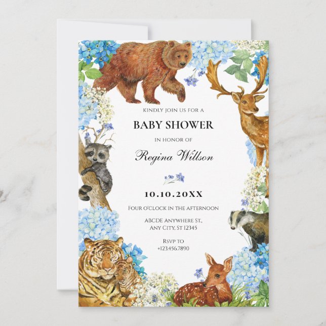 Watercolor Animals Floral wildlife baby shower Invitation (Front)