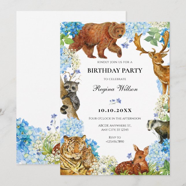 Watercolor Animals Floral wildlife  Invitation (Front/Back)