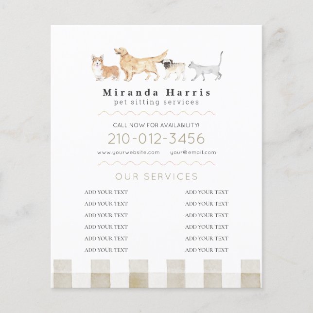 Watercolor Animals Pet Sitter Dog Walker Business Flyer (Front)