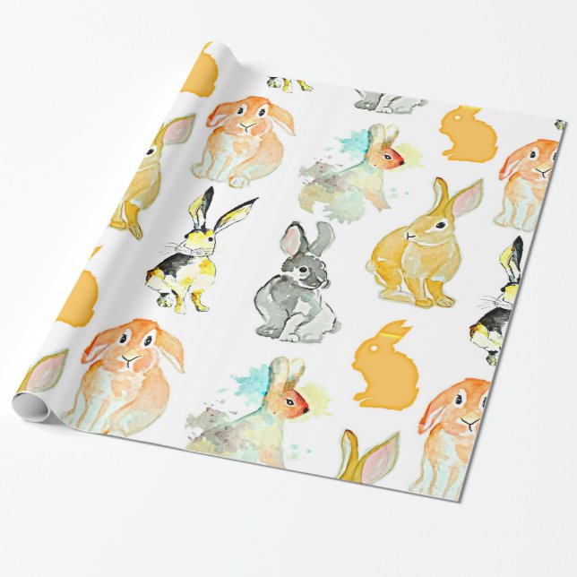 Watercolor Animals - Rabbits, long eared, bunny Wrapping Paper (Unrolled)