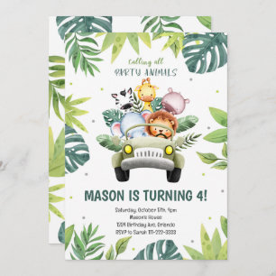 Watercolor Animals Safari Car Birthday Invitation