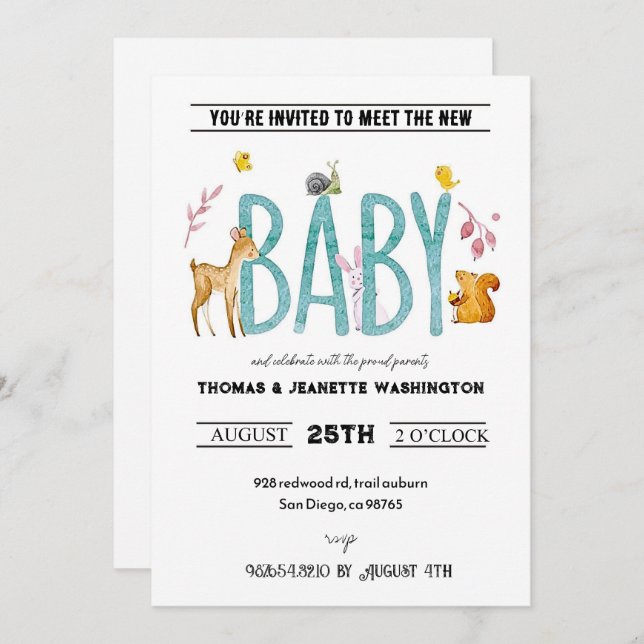 Watercolor animals - sip & see meet and greet invitation (Front/Back)