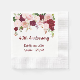 Watercolor Anniversary Flower Drop Rose Burgundy  Napkin