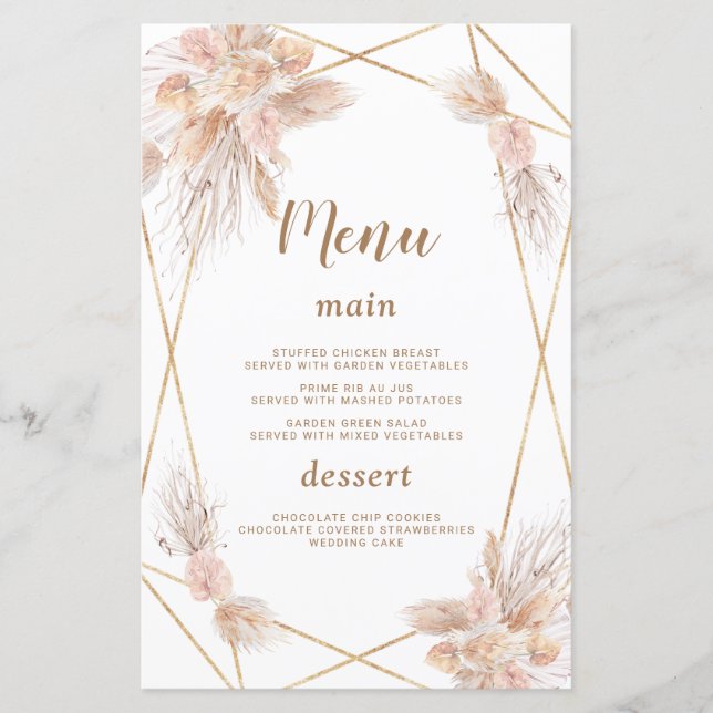 Watercolor Anthurium Pampas Grass Wedding Menu (Front)