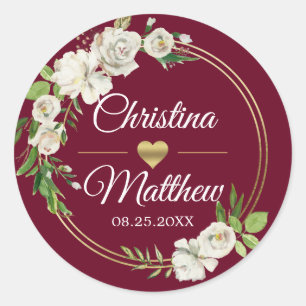Watercolor Antique White Floral Burgundy WEDDING Classic Round Sticker