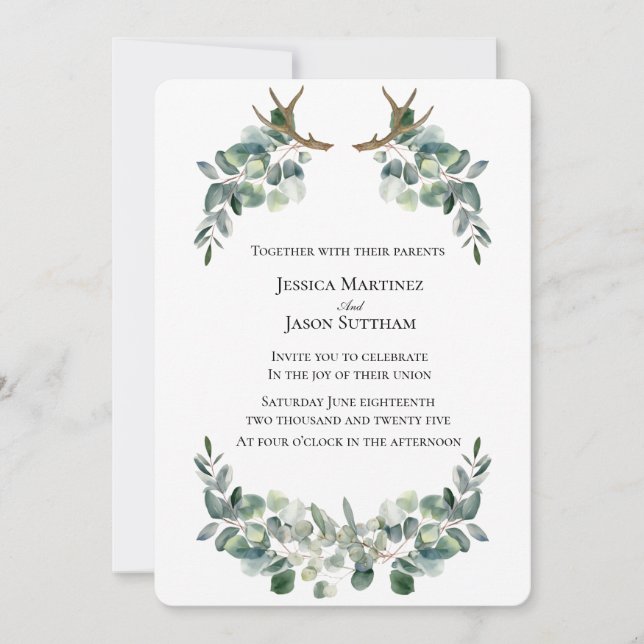 Watercolor Antler & Eucalyptus Viking Wedding Invitation (Front)