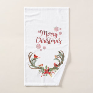 Watercolor Antler Reindeer Cardinal Christmas  Bath Towel Set