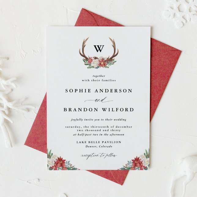 Watercolor Antler Wreath Monogram Holiday Wedding Invitation (Watercolor Antler Wreath Monogram Christmas Wedding Invitation)