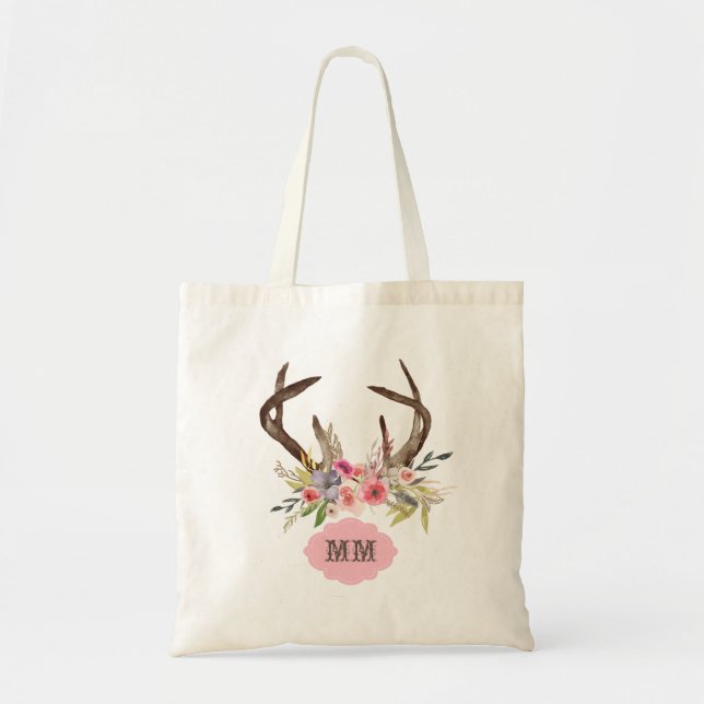 Watercolor Antlers Flowers Custom Monogram Tote Bag (Front)