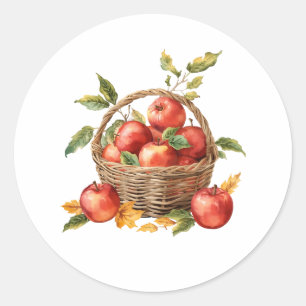 Watercolor Apple Basket Fall Harvest Classic Round Sticker
