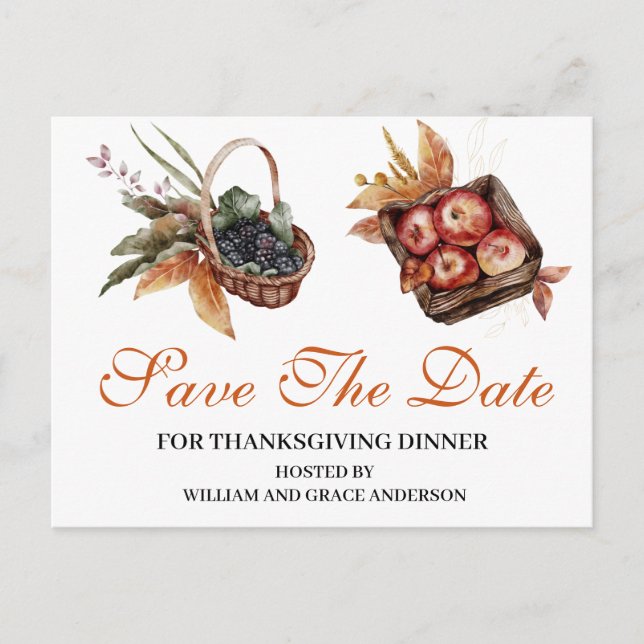 Watercolor Apple Berriy Thanksgiving Save the Date Postcard (Front)