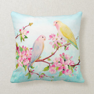 Watercolor Apple Blossoms and Love Birds Cushion